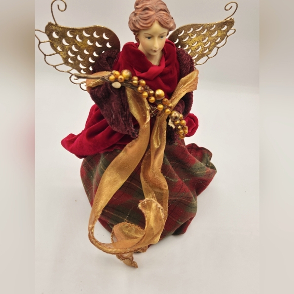 VINTAGE Angel Christmas Tree Topper / Decoration Red Gold Plaid - Picture 2 of 8